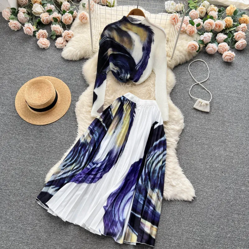 Women Autumn Fashion Elegant Two Piece Dress Solid Set Double Breasted Short Tops High Waist Pleated Long Skirt Two Pieces Set 2023