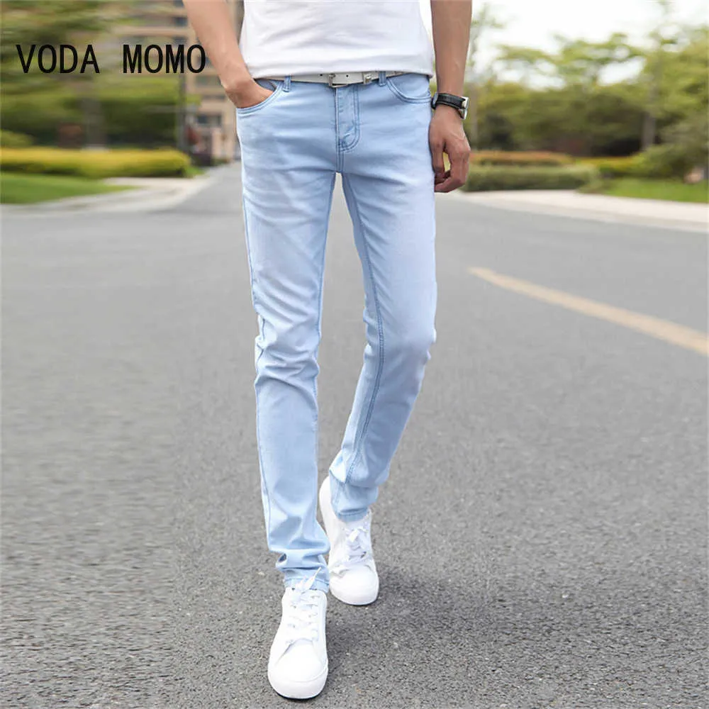 Herenjeans 2022 Nieuwe mannen strekken Skinny Jeans Male Designer Brand Super Elastic rechte broek Jeans Slim Fit Fashion Jeans Sky Blue Z0225