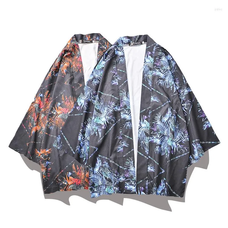 Etniska kläder 2023 Summer Retro Chinese Style Boys Youth Three-Quarter Sleeve Students Thin Leaf Print Kimono