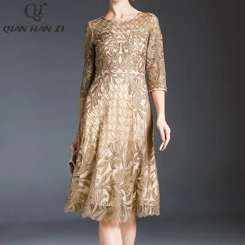 Casual Dresses Qian Han Zi Designer Fashion Runway Dress Summer Women's 3/4 ärmar Vintage Luxury Slim Mesh broderad