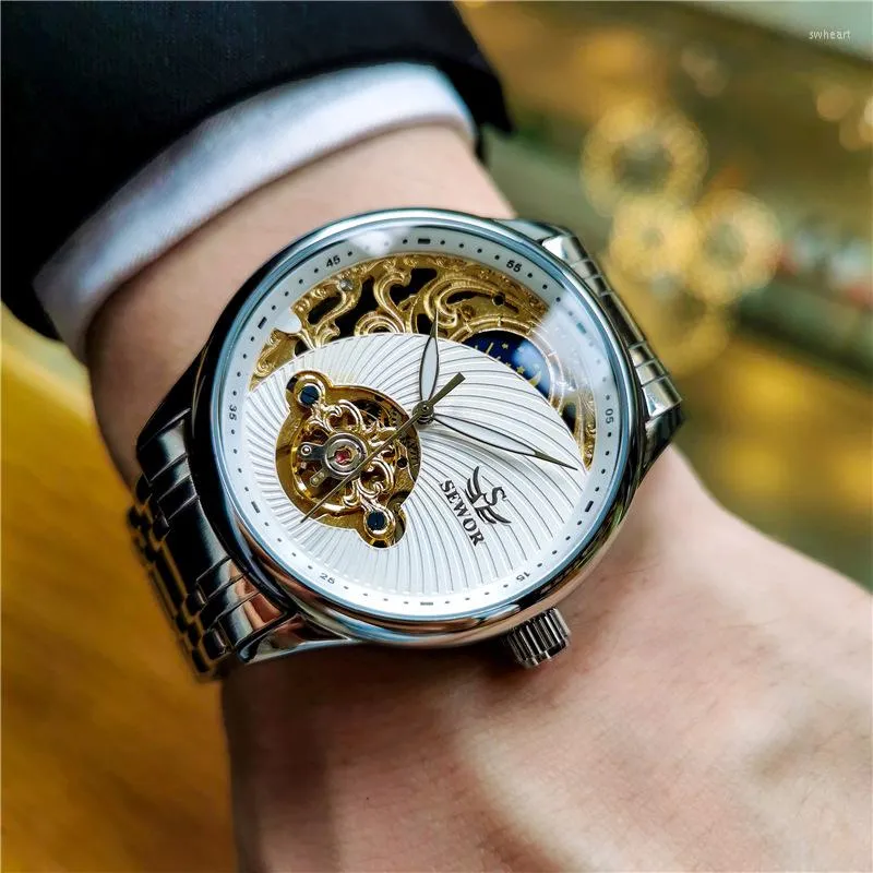 Armbanduhren JOJOZ Automatische mechanische Uhr Herren Hohl Tourbillon leuchtend wasserdicht Business Retro-Stil