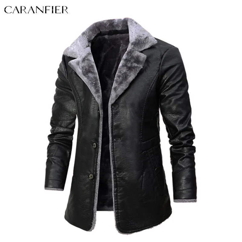 Veste en cuir synthétique pour homme CARANFIER pour homme en cuir PU pour homme d'hiver épais et long manteaux en molleton col rabattu doublé de fourrure pardessus à boutonnage simple 230225