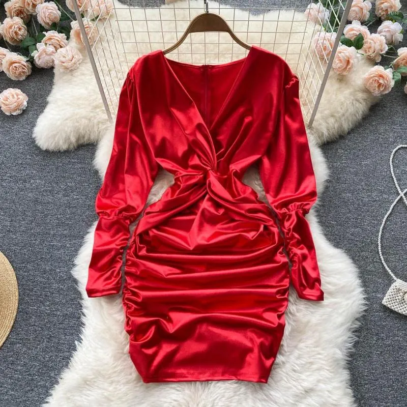 Casual Dresses Elegant Satin Dress Women 2023 Spring Fashion Twist V-Neck Long Sleeve Empire Ruched BodyCon Club Party Mini Vestidos