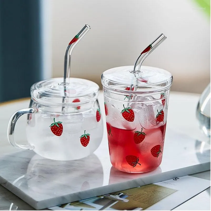 Wine Glasses INS Strawberry Glass Water Cup With Straw Lid Lovely Sweet Milk Juice Cups Breakfast Home Office Bottle