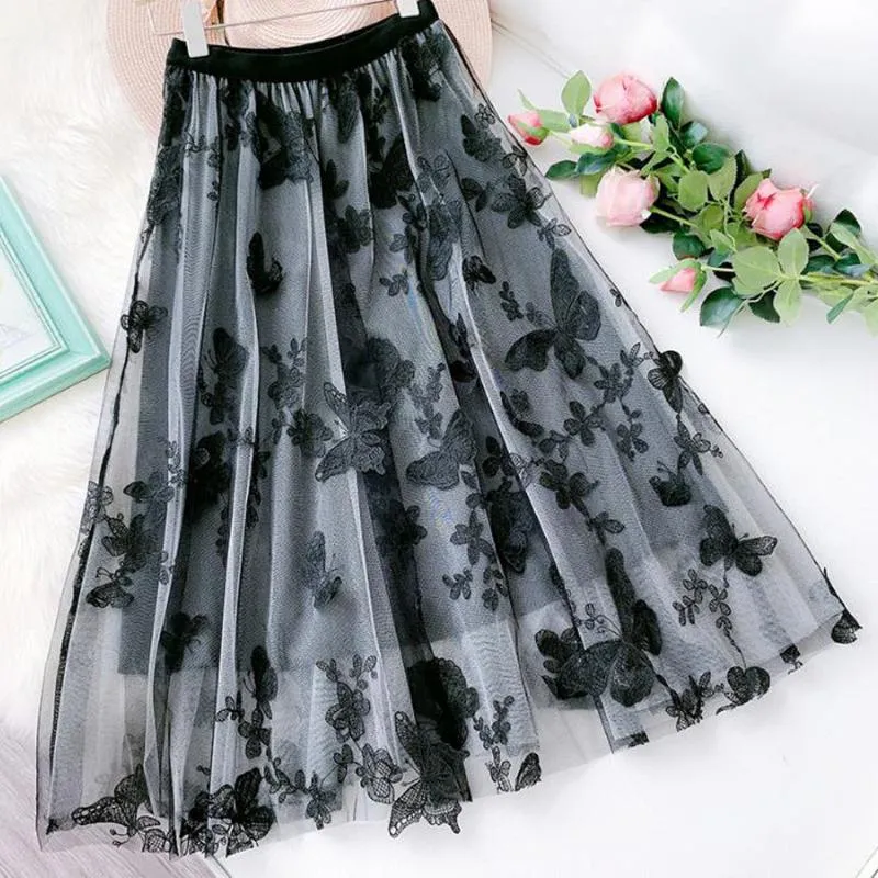 Saias Bordeira Bordado Bordado Mulheres Elegantes Estilo Coreano Lady Mesh Preto Gótico Pleated Long Maxi Boho Tulle