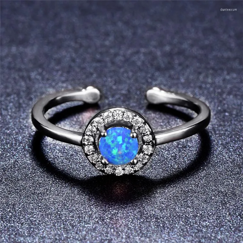 Anéis de casamento feminino azul branco roxo anel de opala vintage cor prata cz pedra ajustável promessa de engajamento fofo para mulheres