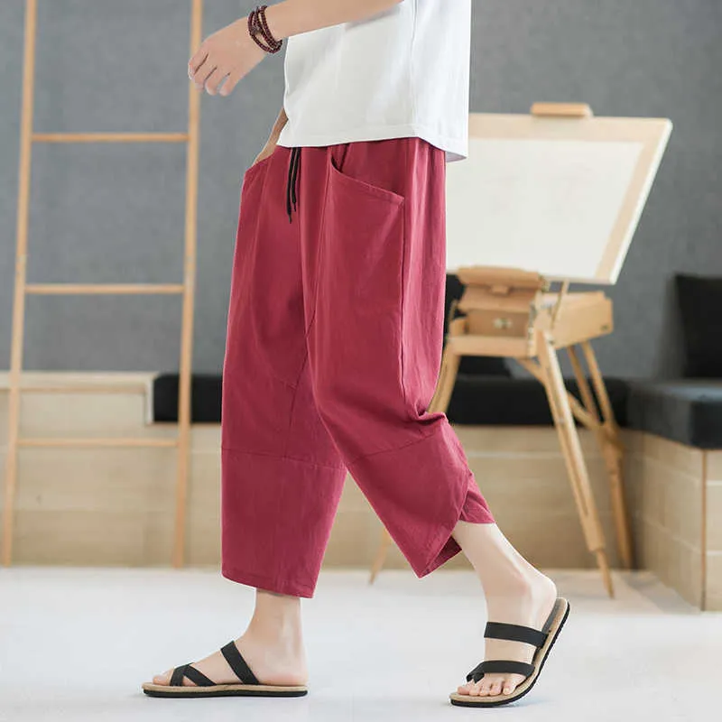 Men's Pants Pantalones Harem sueltos de lino puro de Color sólido para hombre, moda japonesa 2022, pantalones de pierna ancha de talla grande Hip Hop para hombre, pantalones para correr Z0225