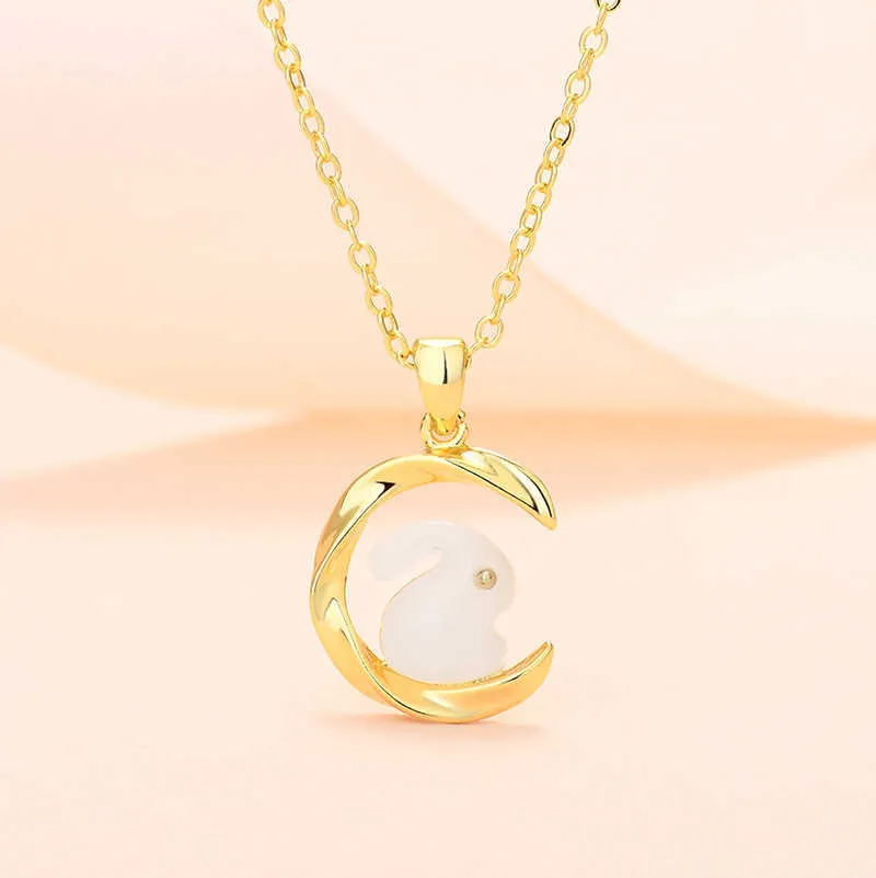 Moon-inlaid Jade Rabbit Necklace Women's Light Luxury Small Design Sense Rabbit Collar Chain 2023 Winter Chain Gift