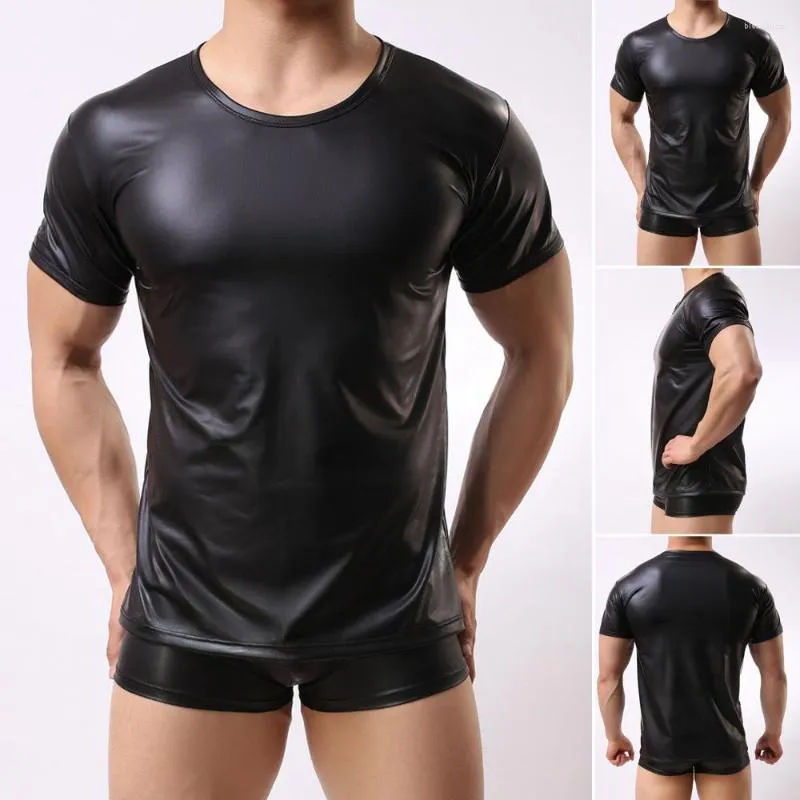 Herr t-skjortor herr t-shirt kortärmad stretch faux läder undertröja med muskler män dans topp scen prestanda rund nacke sexig