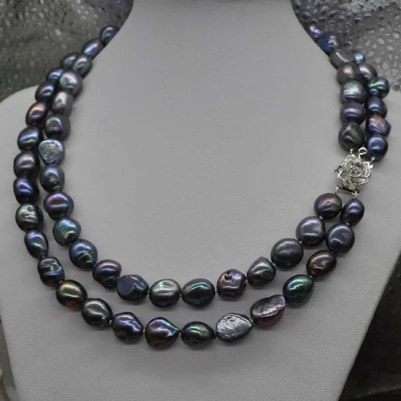 Chaînes nouées à la main, magnifique collier de perles de culture d'eau douce baroques noires à 2 rangées de 9 à 11mm, 43 à 48cm, chaînes à bijoux à la mode