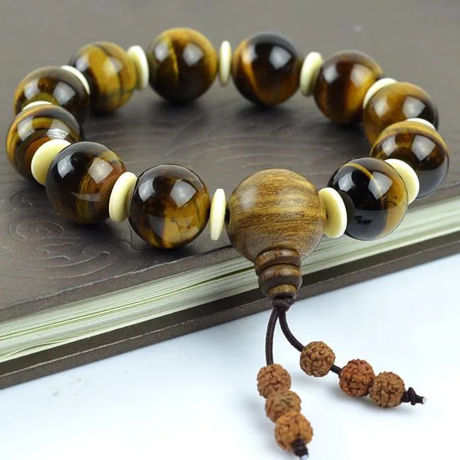 Strand Beaded Strands Fine Jewelry Grade A Natural Tiger Eye Stone Bracelet Perles 16mm Gem Bracelets Hommes Bois de Santal Tête de Bouddha 0498Beaded