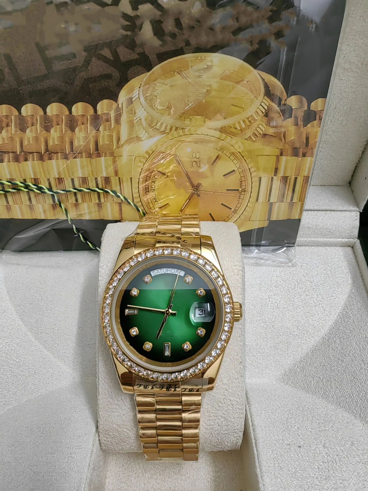 2023 Original Box Certificate 18K Gold President Male Watches Day Date Diamonds Green Dial Watch Men rostfri Diamond Bezel Automatisk armbandsur 2813