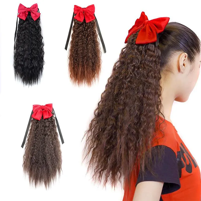 Synthetische pruiken Aidaiya Afro lange maïs krullende pony staart haarstukken bowknot drawstring paardenstaarten haar hoge temperatuur vezels 60 cm