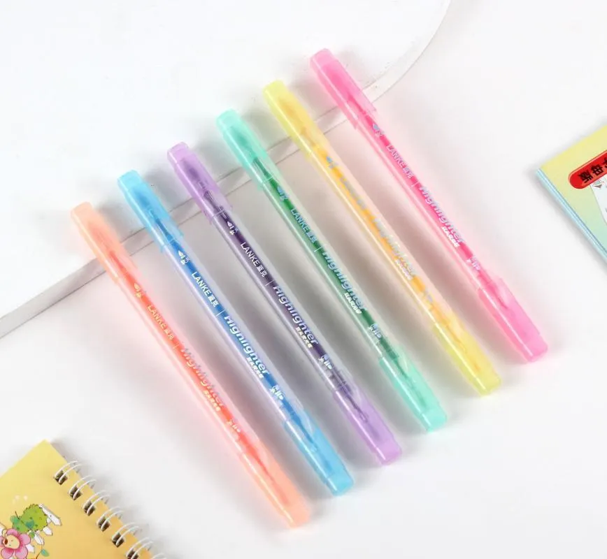 Höjare 6st/set Highlighter Pen Stationery Brush Markers Double Headed fluorescerande markör 6Colors Kawaii Office Supplies
