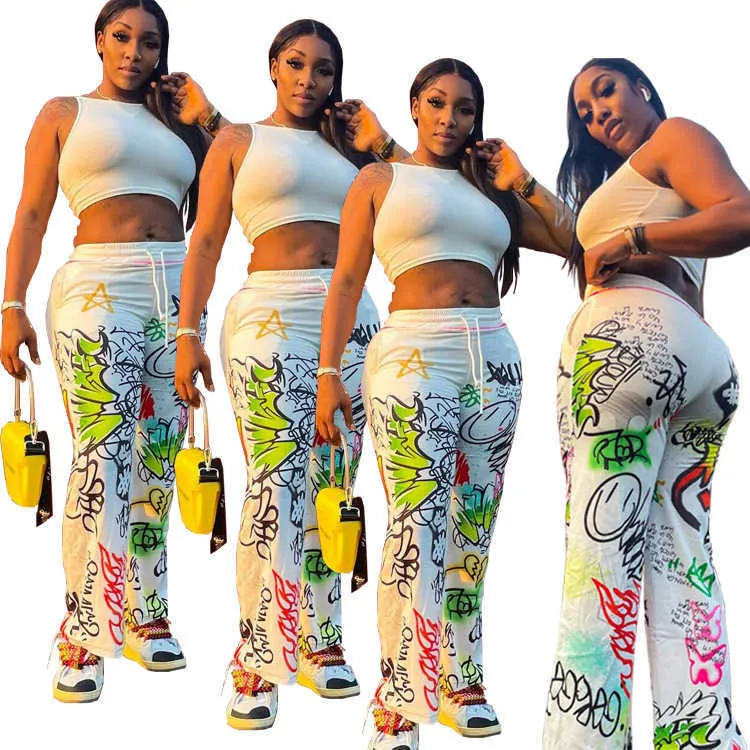 Pantaloni da donna stampa personalizzata stile graffiti con rilegatura ampia gamba larga casual harem flare taglie forti