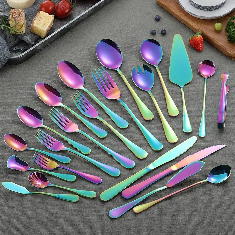 Наборы посуды 4PCS Многоцветь на основе сорта сорта набор набор набор вилок нож из нержавеющей стали серебристые серебра красочное безопасное дом