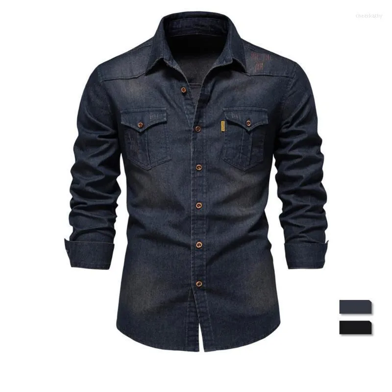 Camicie casual da uomo Camicia di jeans in cotone elasticizzato di marca Camicia da uomo a maniche lunghe di qualità da cowboy per abbigliamento firmato da uomo slim fitChee22 da uomo