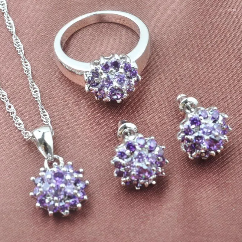 Collier Boucles d'oreilles Set Shining Purple Zirconia Crystal Women's Silver Color Pendant Rings 0227