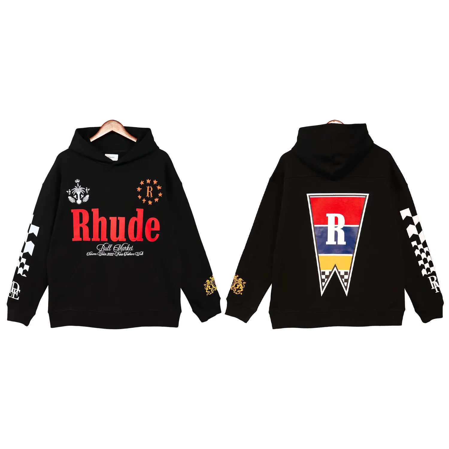 メンズパーカー Rhude パーカーレタープリント長袖ファッション男性女性スウェット高級セーターヒップホップパーカー高級ブランドスウェット米国サイズ