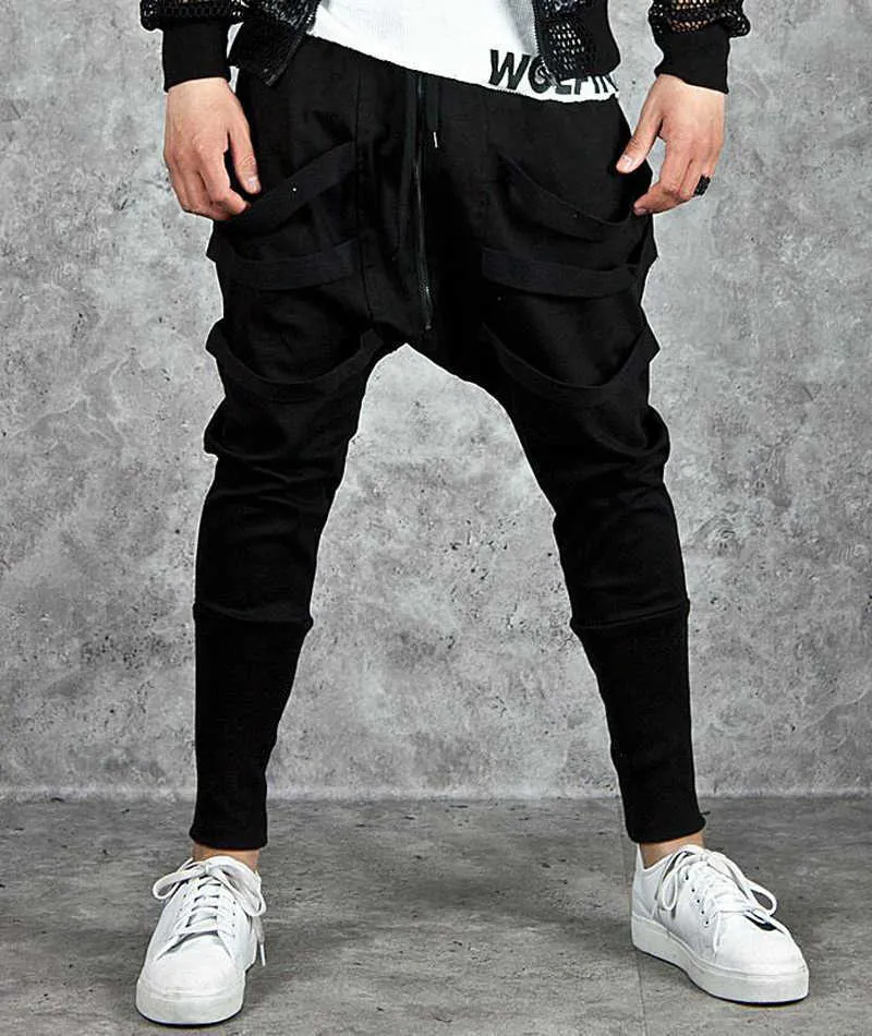 Herenbroek mode harem broek mannen hiphop baggy cross -techwear broek mannelijke zwarte trend lint streetwear casual joggers broek man z0225