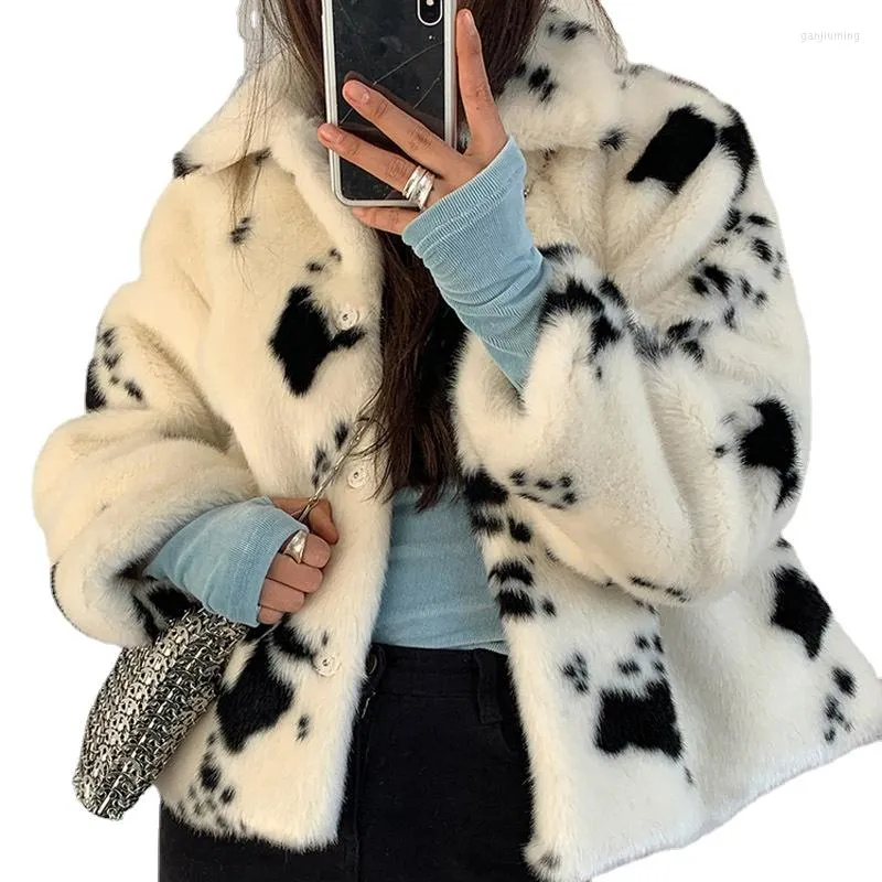 여자 재킷 코트 여자 흑백 젖소 패턴 느슨한 캐주얼 플러시 두껍게