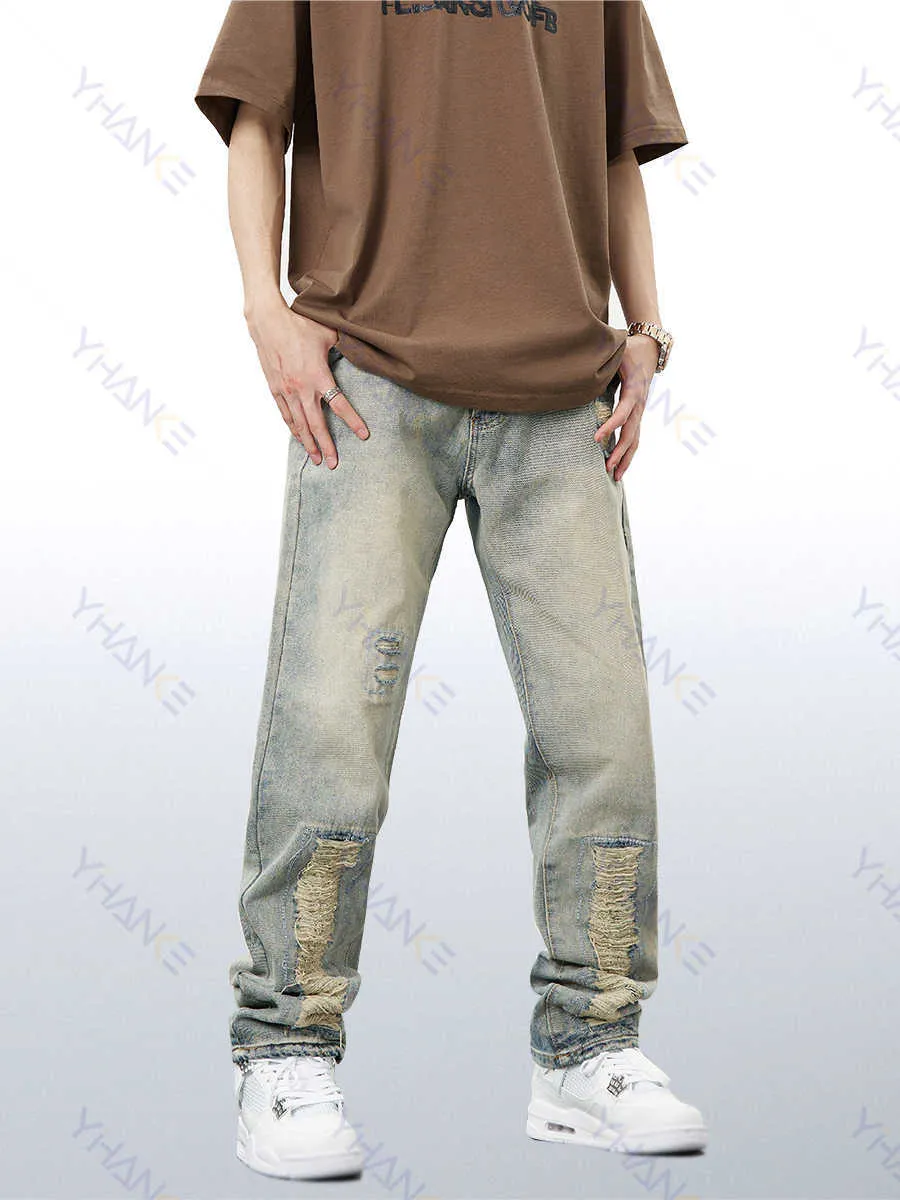 Men's Jeans High Street with Hole Y2kmen Jeans Ins Trend Brand Hip Hop Wide Leg Pants Straight Loose Casual Pants Street Men's Clothing MEN Z0225