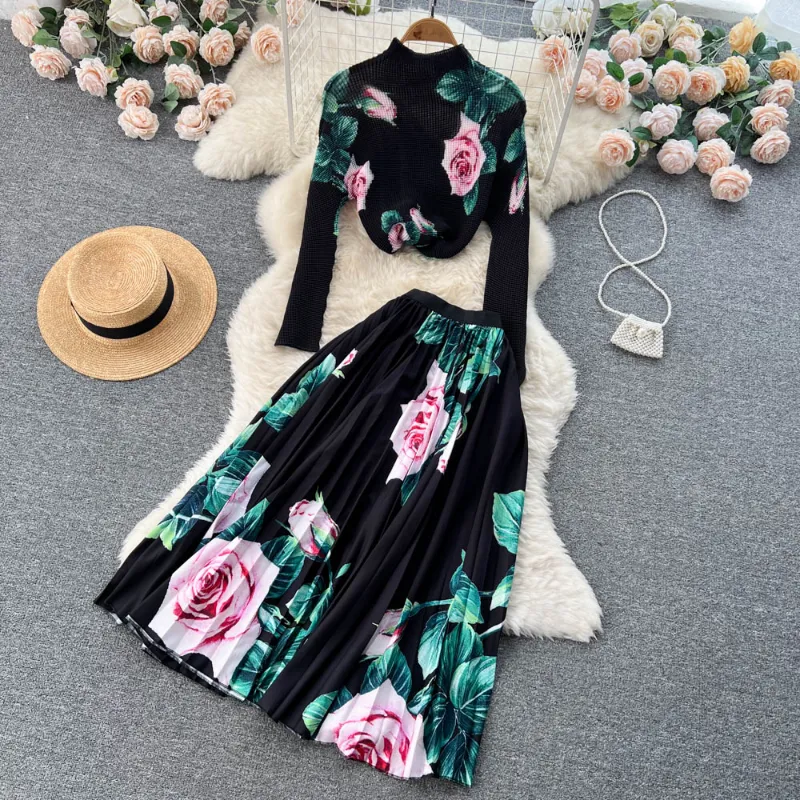 Women Autumn Fashion Elegant Two Piece Dress Solid Set Double Breasted Short Tops High Waist Pleated Long Skirt Two Pieces Set 2023