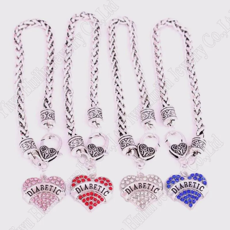 Bracelets de charme Alerta de consciência diabética Crystal Heart com 24 cm (9,4 ") de lagosta da cadeia de trigo pulseira