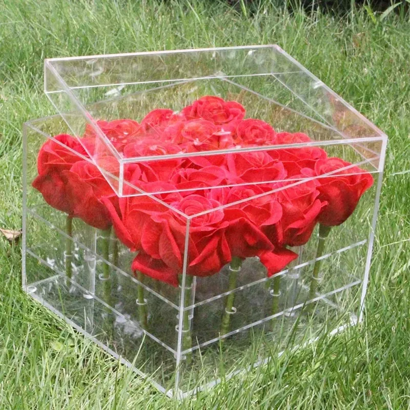 decoration 2-tier Wedding Acrylic Flower Box For Transparent Display Storage Case Rose Display Box Square Vase Luxury for Birthday Gift imake620