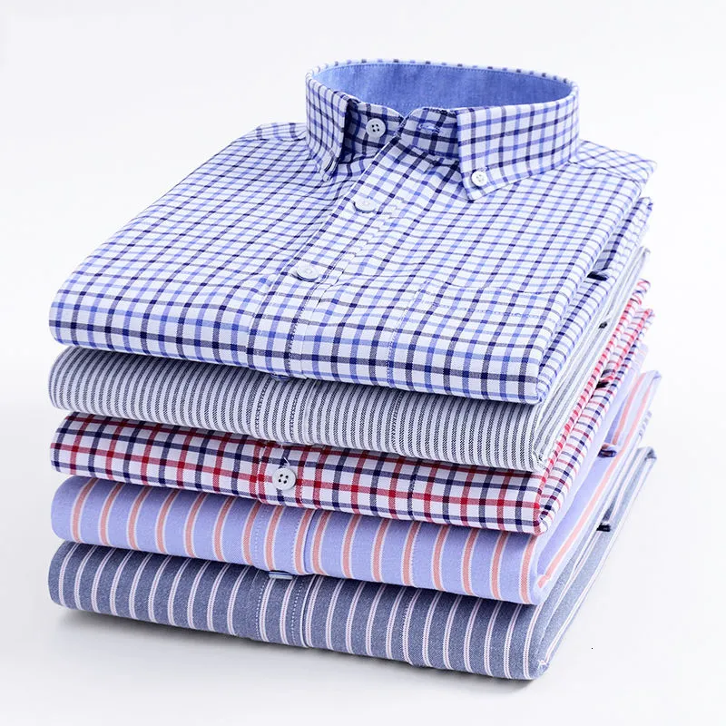 Erkekler Sıradan Gömlekler Erkek Çizgili Ekose Oxford Döndüren Sıradan Uzun Kollu Gömlek Konforlu Nefes Alabalanma Tedelik Düğmesi Tasarım İnce Erkek İş Elbisesi 230225