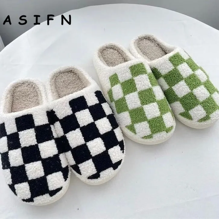 Slippers ASIFN Fashion Black Green Checker Indoor Plush Slippers for Woman Winter Warm Shoes Fluffy House Slipper Retro Checkered Print 230225