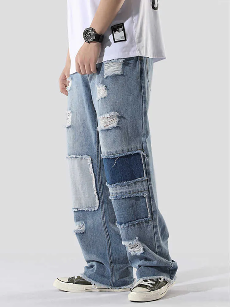Erkekler Kot Four Seasons Erkek Kot Street Giyim Patchwork İşlemeli saçak hip hop gevşek kot pantolon büyük boyutlu renk bloğu patchwork z0225