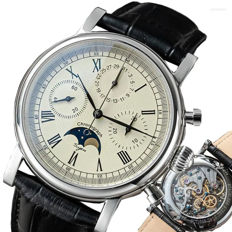 Avanadores de punho Sugess Vintage Assista a relógios de pulso mecânico masculino para homens Seagull St1908 Movimento Cronógrafo Sapphire Moon Fase Mens