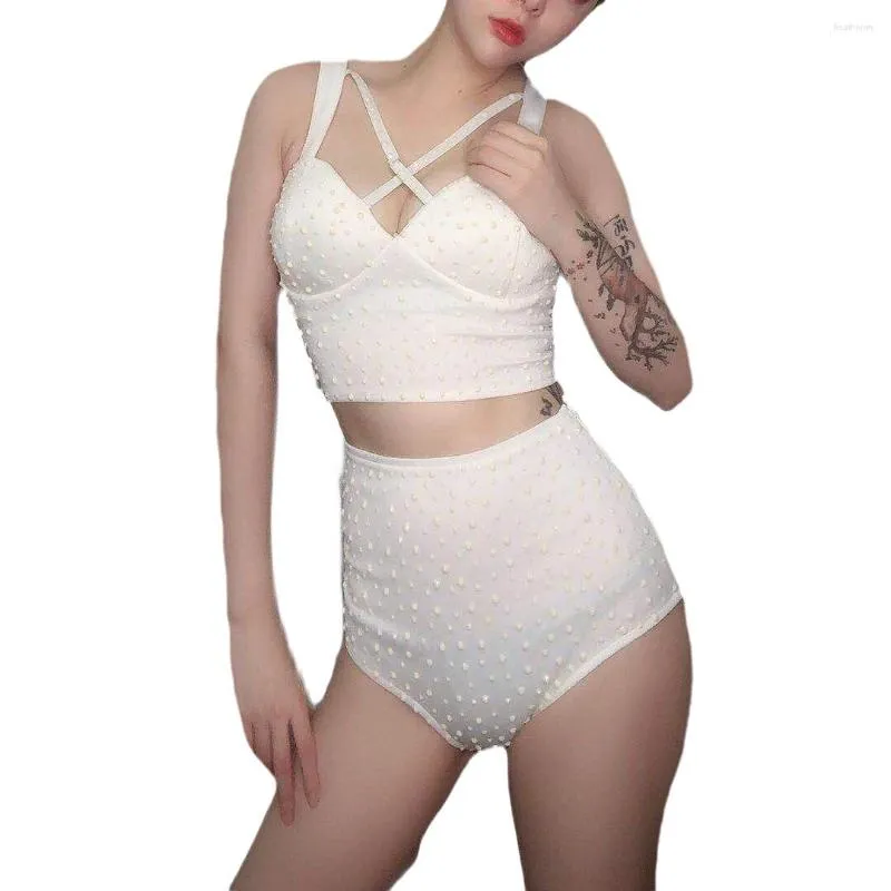 Sahne Giyim Parlak Kristaller Sütyen Yüksek Belli Şort Seksi Bikini Set Kadınlar Dans Gece Kulübü Takımları Caz Kutup Dans Kostüm