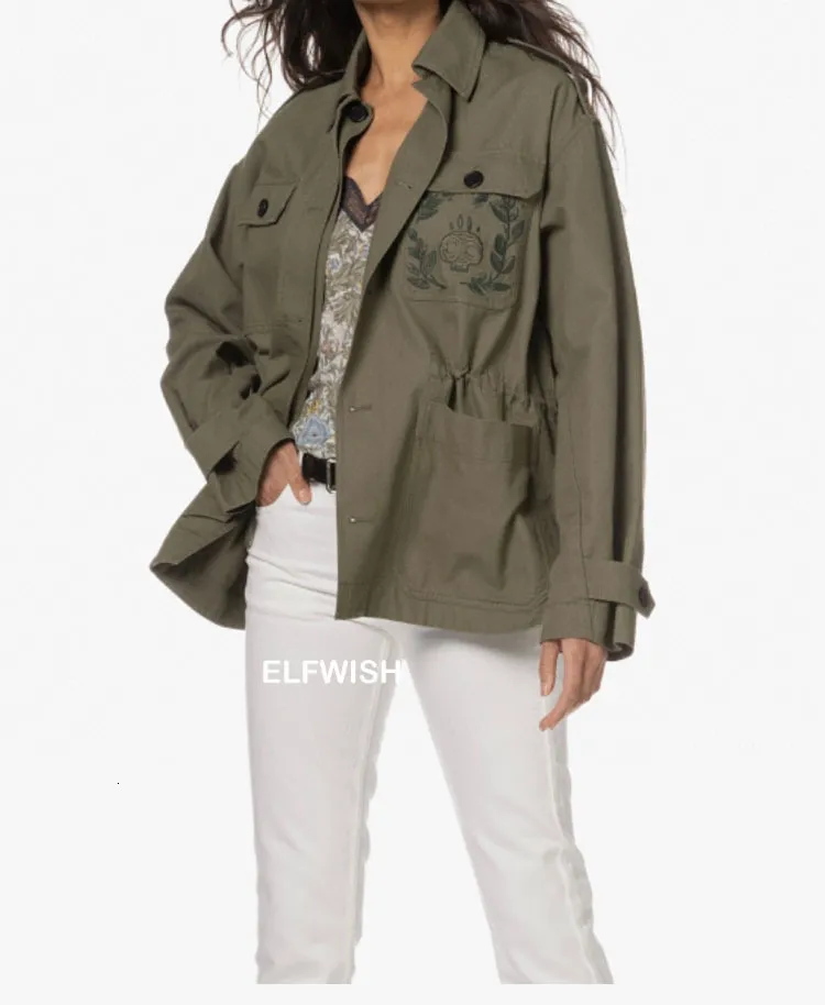 Frauen Jacken 2023 Frau Mode Khaki Gestickte Militär Jacke Front Taschen Taille Kordelzug Lange Ärmeln Übergroßen 230225