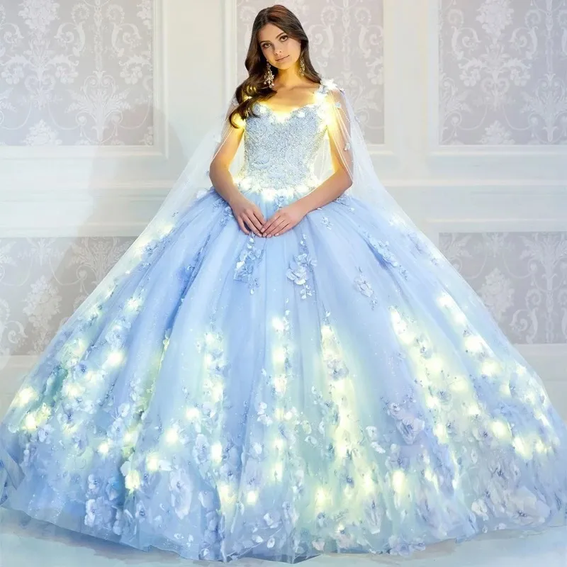 Light Sky Blue Quinceanera Sukienki błyszcząca tiul z ramienia 2024 Księżniczka 3d Flowers Ball Suknia Vestido de 15 Anos Sweet 16