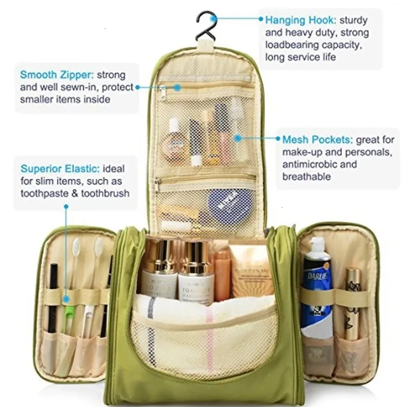 Bages de cosmétique Cases d'organisateur de voyage en nylon étanche Sac Unisexe Femme Sac de cosmétique suspension Sacs de maquillage de voyage lavage Kits de toilette Sacs de rangement 230225