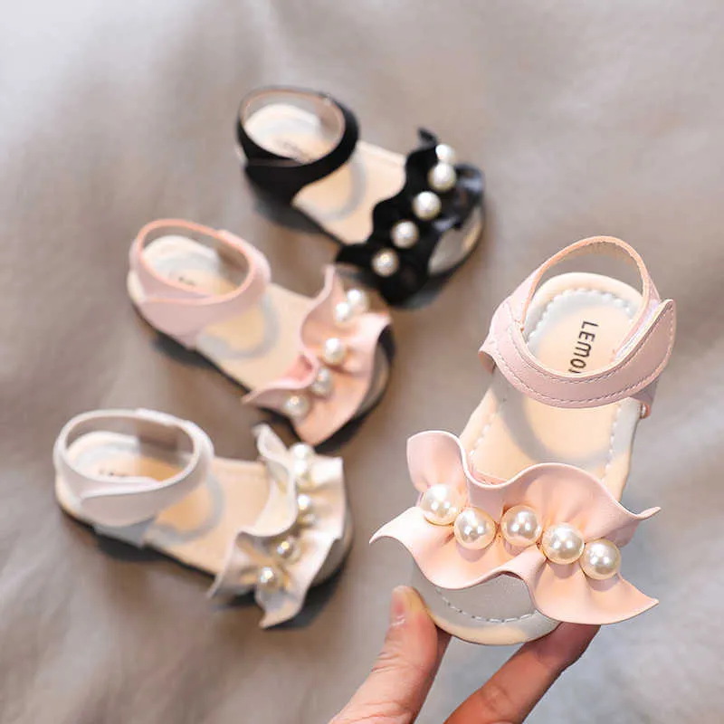 Sandals 2022 Summer Girls Sandals Pearls Princess Shoes Ruffles Ankle Strap Kids Shoes Cute Children Beach Shoes Toddlers Baby White Z0225
