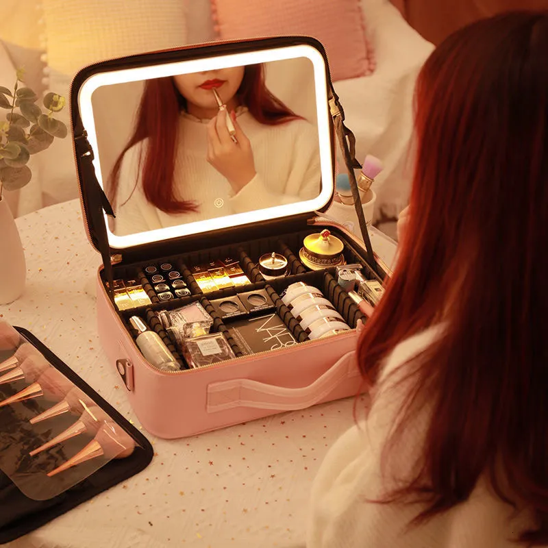 Borse cosmetiche custodie per trucco a LED intelligente con specchio Custodia da viaggio in pelle per PU impermeabile di grande capacità per donne 230225