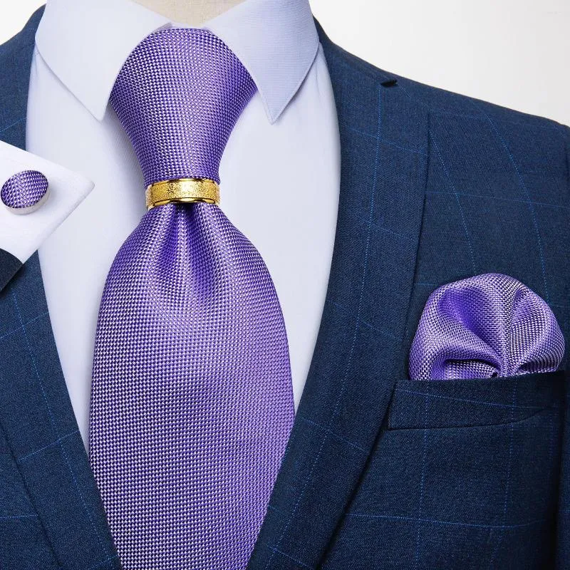 Bow Ties Fashion 8cm Solid Purple Men's Silk Tie Formal Business Slips Bröllopsfest Hanky ​​manschettknappar Ring Set Men Gift Dibangu