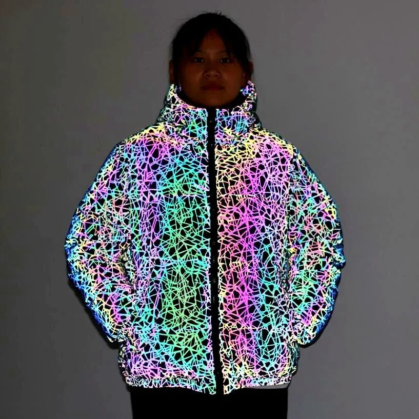 Women s Jackets Colorful Reflective Parkas Winter Jacket Night Reflect Light Thick Coat Hip Hop Clothing manteau femme hiver 230225