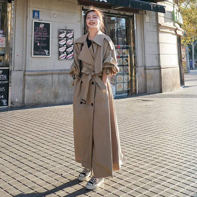 Gray Mid-Length trench trench coat with Sashes - Spring
