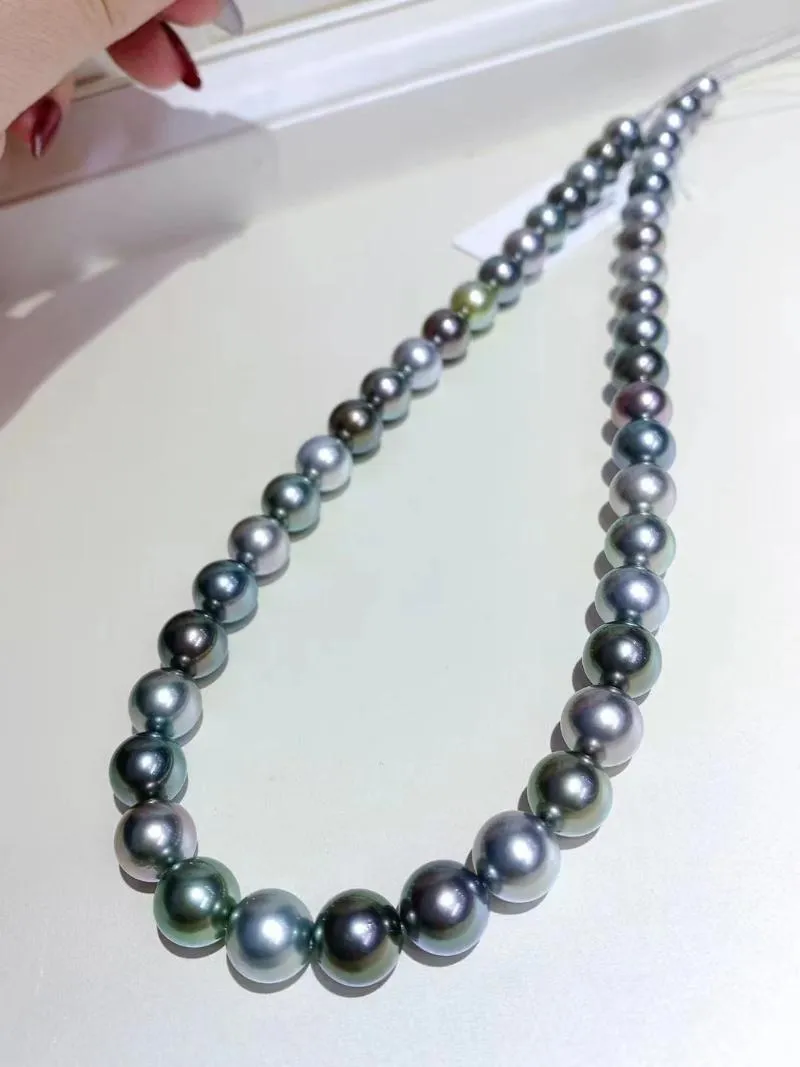 Chains 9-10mm Round Seawater Tahitain Pearl Necklace Black And Gray Mixed-color Jewelry For Women Free Silver ClaspChains