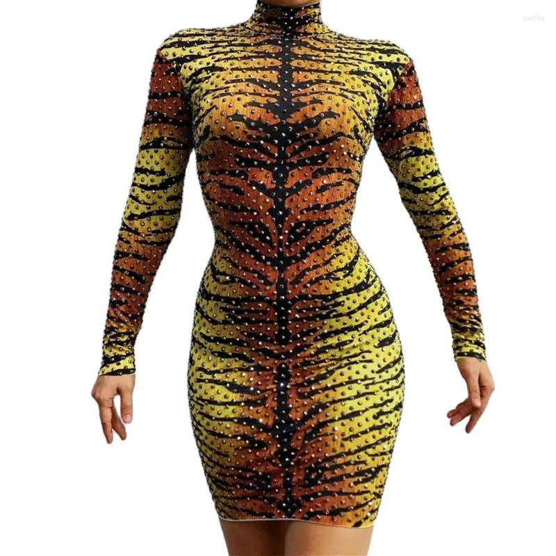 Vêtements de scène Sexy motif de tigre imprimé strass robes extensibles Bar anniversaire célébrer robe femmes Club danse tenue