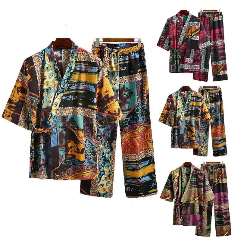 Heren slaapkleding Incerun mannen pyjama's stelt halve mouw v nek geprinte veter boven tops katoenen broek nachtkleding kimono yukata pakken s-5xl