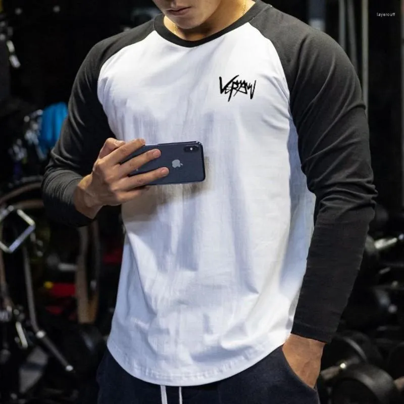 Men's T Shirts Spliced Sports Long Sleeve Shirt Men's Gym Basketball Training Casual Round Neck Cotton T-shirt