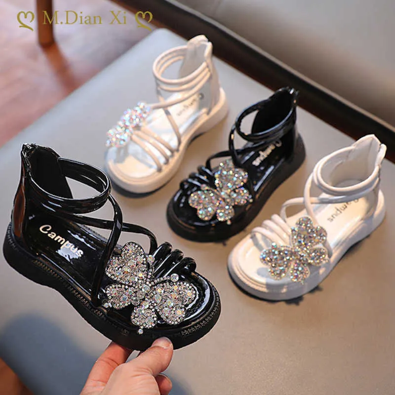 Sandals New Girls Sandals Rhinestone Butterfly Princess Shoes Summer Kid's Roman Sandals Sandy Beach Shoes Fashion Children Sandals Z0225