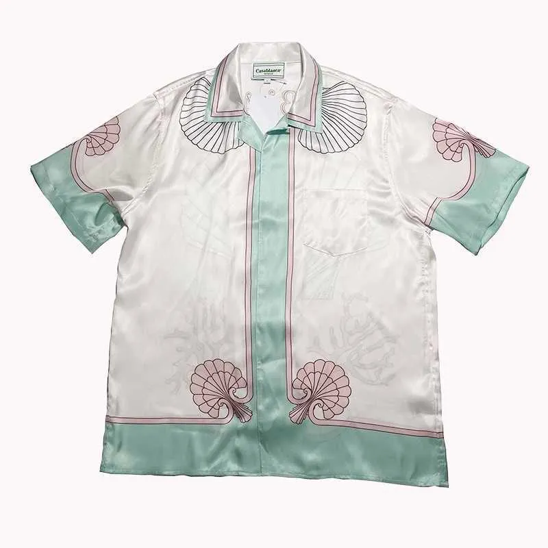 23SS Nytt casablanca hawaii strandskjorta m￤n och kvinnor rosa skal korall l￶s m￥ngsidig kort ￤rmskjorta mode