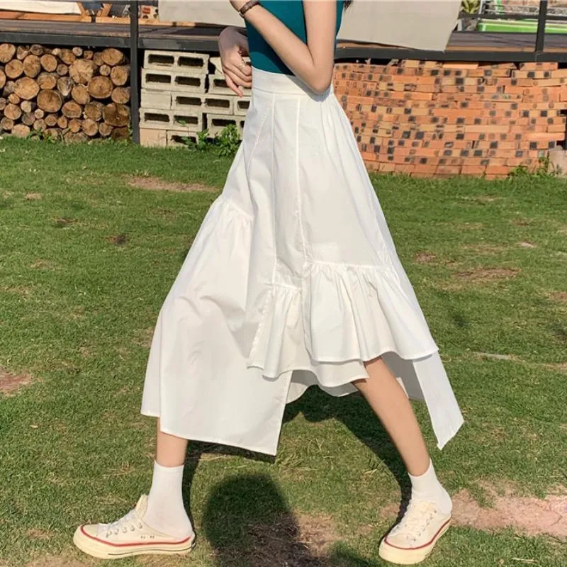 Skirts Women Summer Skirt Fashion High Waist White A-Line Asymmetrical Long Harajuku Casual All-match Streetwear Midi 2023Skirts