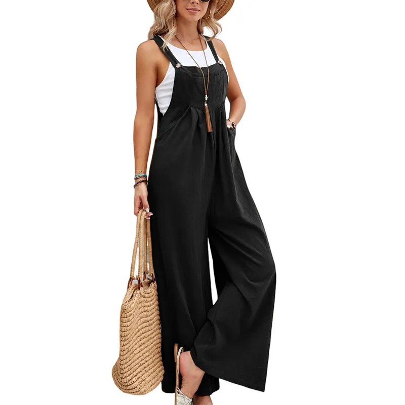 Zomer mode damesbroek losse breedbeen slabbetje totale broek plus size mouwloze jumpsuits comfortabele flodderige flikkers met zakken